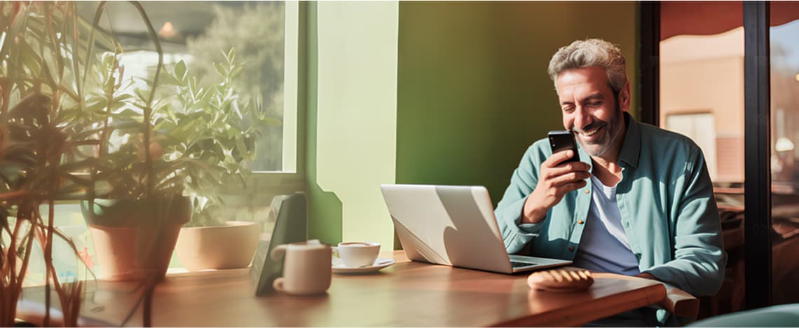 Business person using phone and laptop